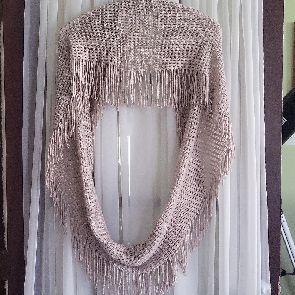 Women's Massini tan with gold fringed crochet infinity scarf
